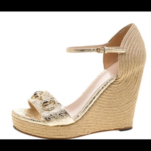 Gucci Shoes - Gucci Gold Crackled Leather Carolina Horsebit Espadrille Wedge Sandals Size 41